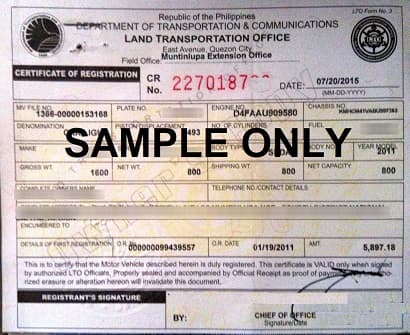 Sample LTO Certification of Registration