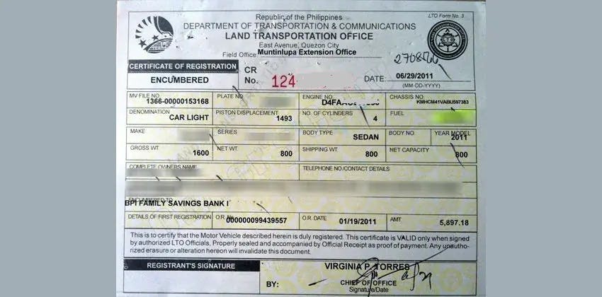 LTO's Certificate of Registration Sample